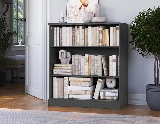Palace Imports Solid Wood Bookcase - 3-Tier Floor Standing Bookshelf - 36" Short Storage Shelf 32” W - Gray, Display Furniture for Living Room, Renewable 100% Eco-Friendly Wood, Made in Brazil