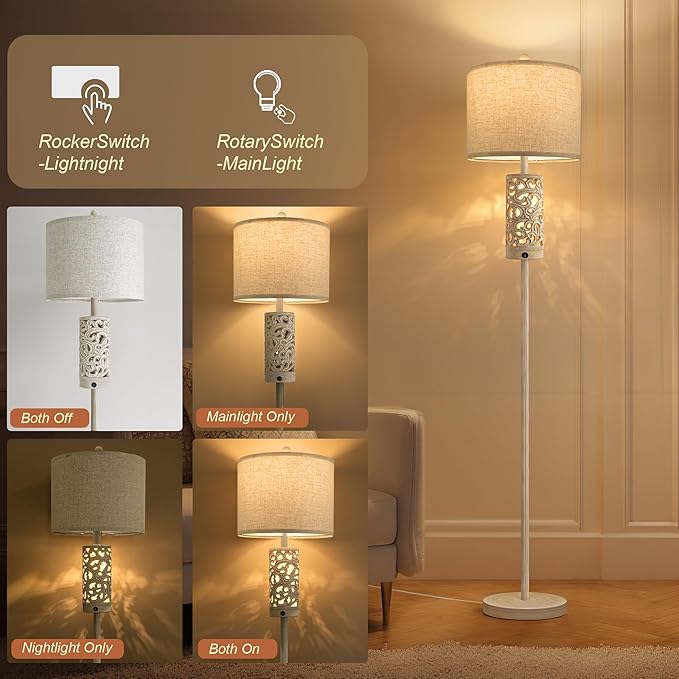 OYEARS 65" Floor Lamp with Night Light,Farmhouse Floor Lamps for Bedroom,Tall Floor Lamp for Living Room,Rustic Floor Lamps,Vintage Standing Lamp with Linen Shade,Boho Reading Lamp for Home Decor