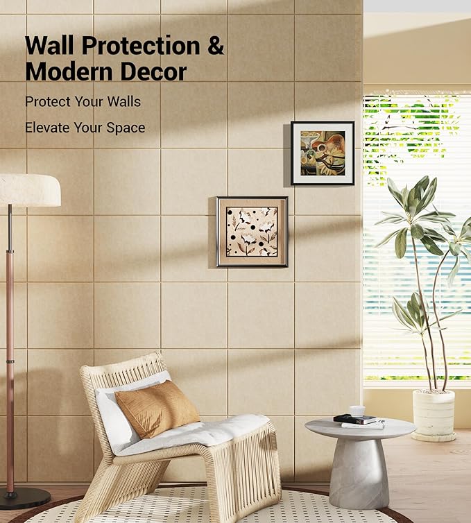 1/2" Thick Cork Board for Office, 6 Pack Felt Wall Tiles -28"x18" with Safe Adhesive Tabs, Large Bulletin Board, Push Pin Board Organizer Wall - Tan