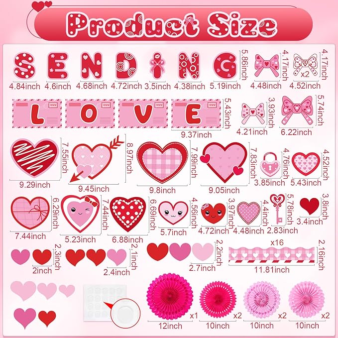 Valentine's Day Bulletin Board Set Sending Love Classroom Decorations Pink and Red Mail Romantic Heart Cutouts with Paper Fans for Door Wall Decor Holiday Wedding Birthday Party Display