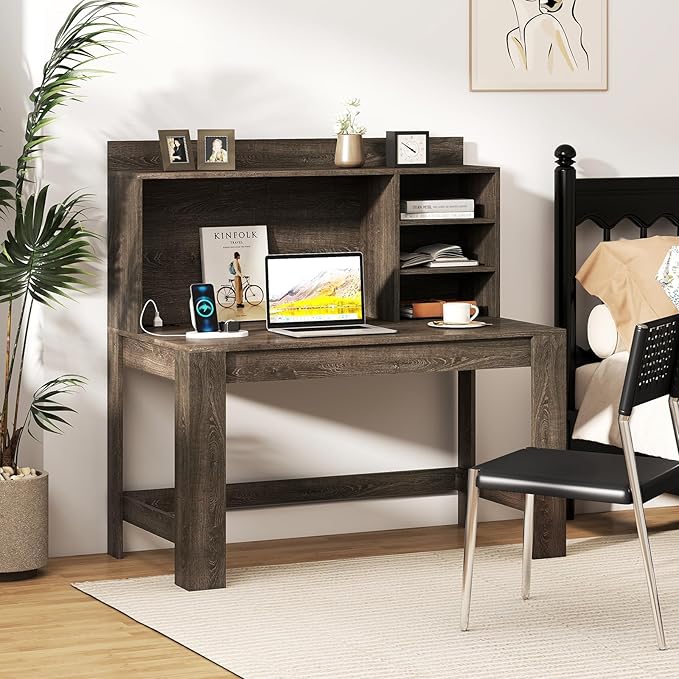 Giantex Computer Desk with Hutch, Modern Home Office Desk with Power Outlets, Storage Shelves & Cable Hole, Makeup Vanity Table, Study Writing Desk for Bedroom Office Small Space (Grey Oak)