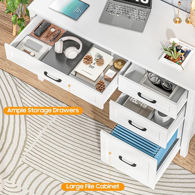Farmhouse 47" Executive Desk, Computer Desk with File Drawer and Charging Station, Workstation for Home Office, Study.（Cream White