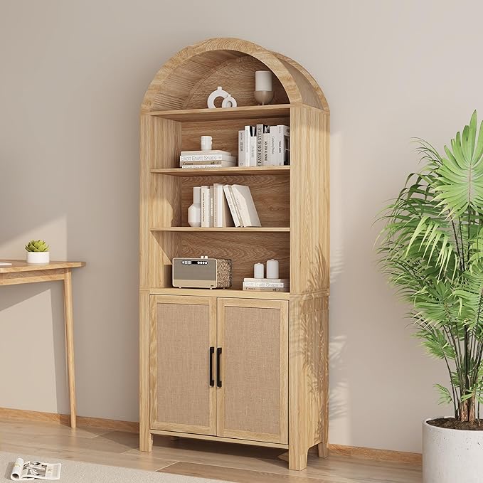 71" Tall Arched Bookcase with Storage, Mid-Century Modern 6-Tier Curved Cabinet with Door, Arched Bookshelf Cabinet with Open Display Storage Shelf for Office Living Room (Natural)