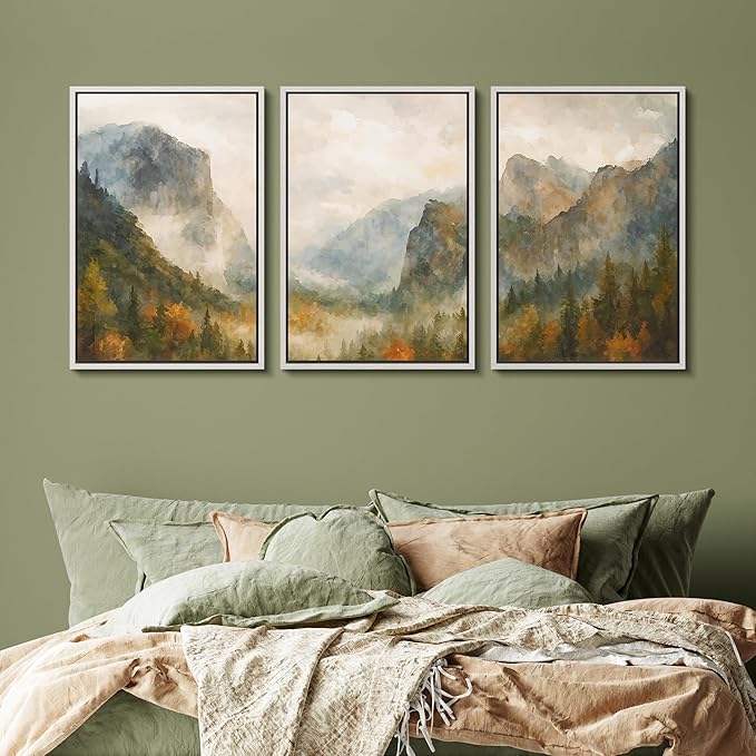 SIGNFORD Framed Wall Art Print Set Misty Mountain Valley Watercolor Serene Nature Landscape Digital Art Modern Art Contemporary for Living Room, Bedroom, Office - 24"x36"x3 White