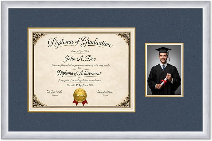 Diploma Frame With Photo Opening Stainless Silver Navy Blue Over Gold Mat - Fits 14 x 11 Degree and Picture Made in the USA