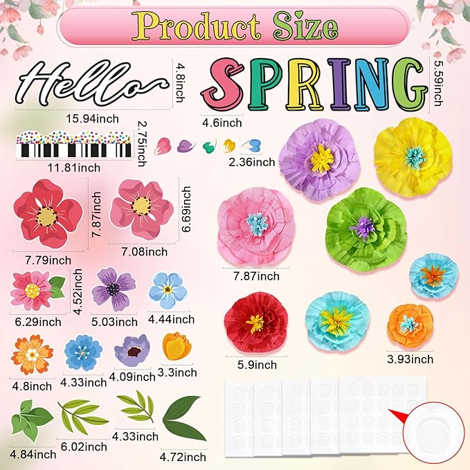 62 Pcs Spring Bulletin Board Set with Borders, 3D Paper Flowers & Cutouts for Classroom Decoration, Hello Spring Floral Wall Decor for Teacher, Chalkboard, Door & Hallway
