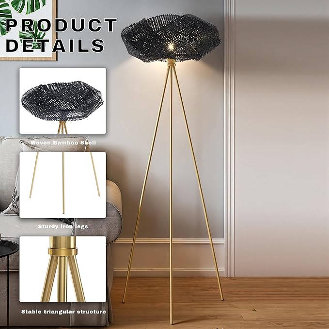Bamboo Tripod Floor Lamp, Handwoven Lotus Shade Standing Lamp, Boho Natural Woven Light with Black Metal Stand for Living Room Bedroom