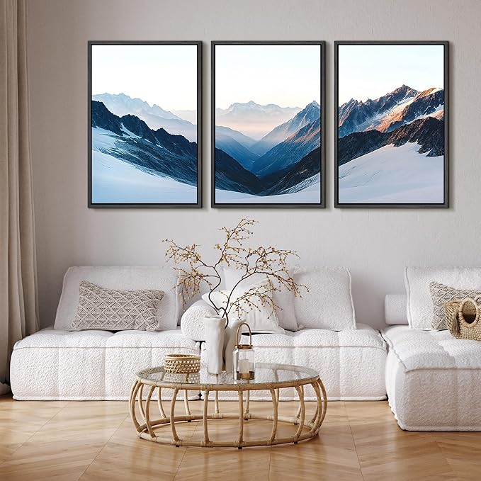 SIGNFORD Framed Wall Art Print Set Snowy Mountain Valley Majestic Winter Alpine Scene Digital Art Modern Art Contemporary for Living Room, Bedroom, Office - 24"x36"x3 Black