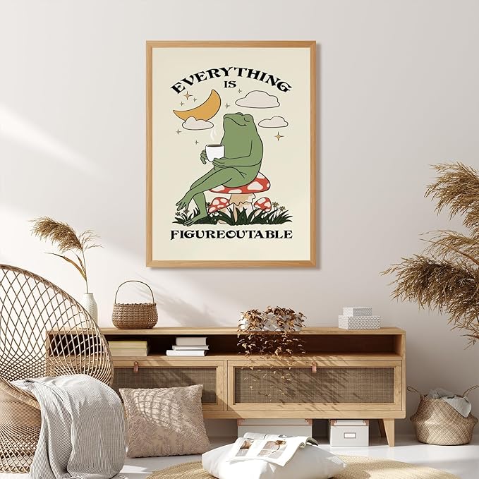 Everything Is Figureoutable Motivational Wall Art Funny Frog Coffee Inspirational Poster Positive Quote Daily Reminder Canvas Print Affirmation Wall Decor for Home Office 8x12inch Wood Color Framed