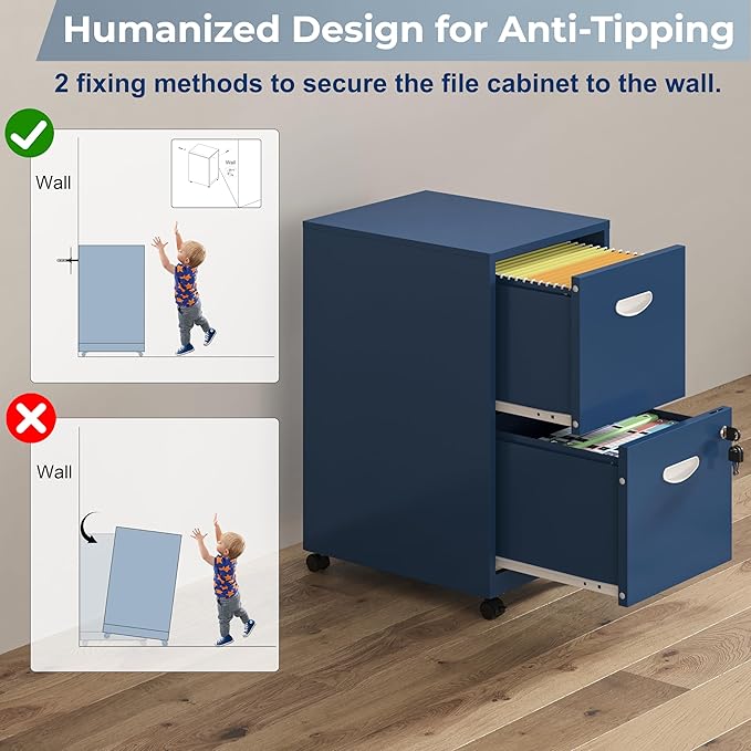 2 Drawer File Cabinet with Lock, Filing Cabinets with Wheels, Rolling File Cabinets for Home Office, Metal Office File Cabinet, Mobile Filing Cabinet for Holding Letters and File Boxes, Blue