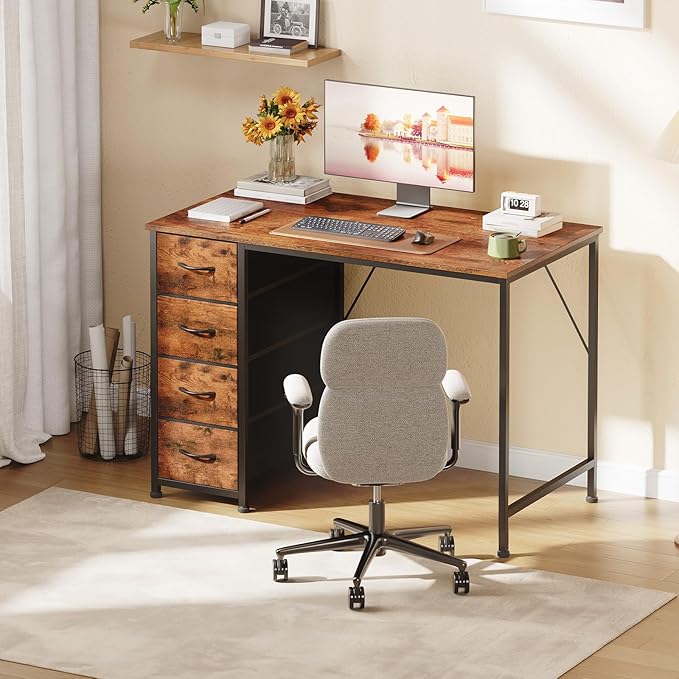 Somdot Small Computer Desk with 4 Drawers for Bedroom,39 Inch Simple Home Office Writing Desk, Study Table with Storage,Work for Home Office, Study,Living Room and Small Spaces,Wood Grain Print