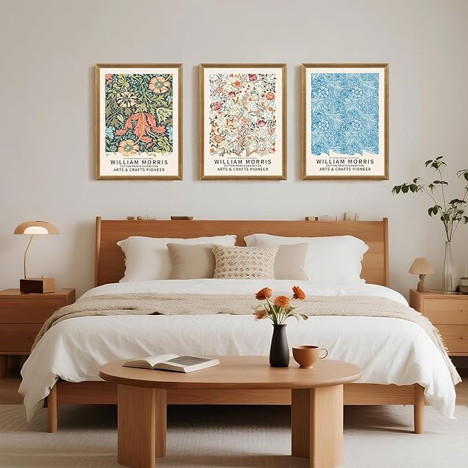 SYWENNOI 3 Pieces William Morris Textured Canvas Wall Art, Green Blue and Beige Botanical Designs Wall Decor, Vintage Floral Art Prints for Living Room Bedroom Home Decoration 12x16 Inch Wood Frames