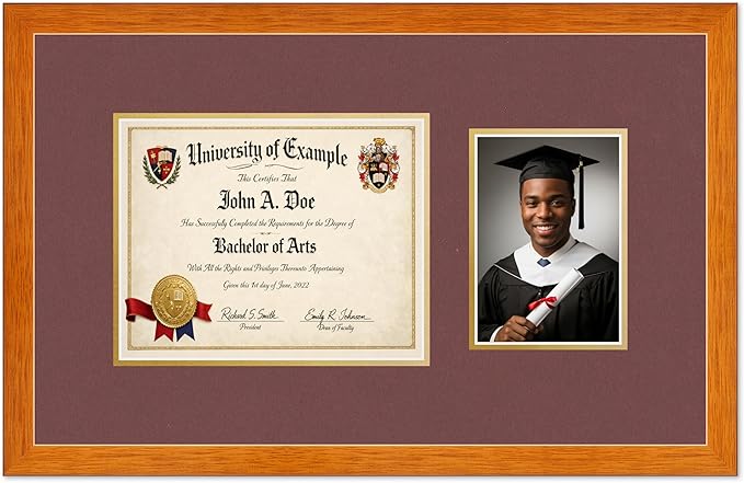 CountryArtHouse Fits 10 x 8 Professional License and 5 x 7 Photo Diploma and Photo Frame Honey Oak Genuine Hardwood with Dark Red Over Metallic Gold Double mat