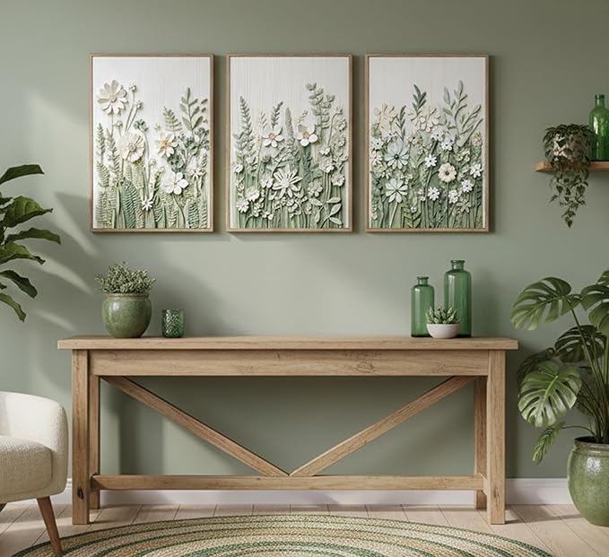 3 Pcs Framed Farm Sage Green Wildflowers Canvas Wall Art Neutral Minimalist Abstract Boho Floral Botanical Painting Pictures Wall Decor Poster Print Artwork for Living Room Bedroom Decoration