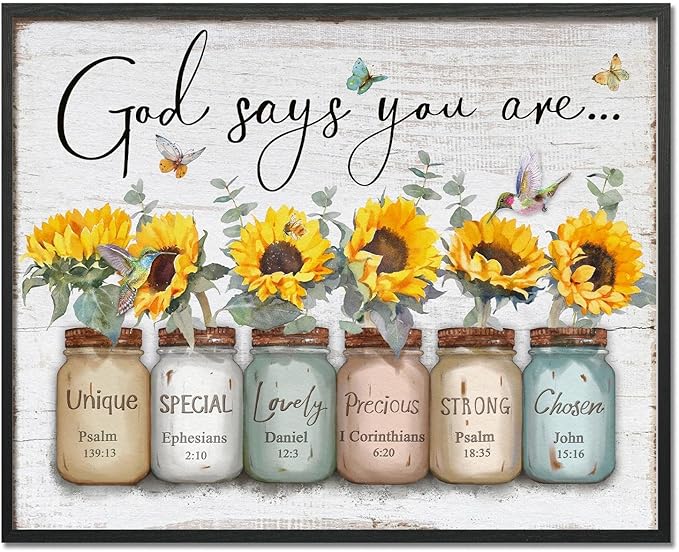 Inspirational Bible Verse Wall Art: God Says You Are Wall Sayings Sunflower in Mason Jar Picture Print Christian Gift Quotes Poster for Women Girl Bedroom Decor 24" x 30"