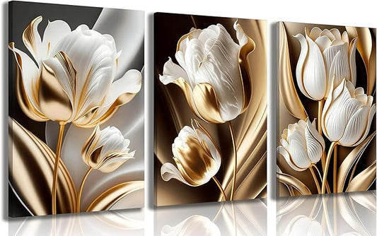 3Pcs Abstract White Gold Floral Canvas Wall Art Modern Luxury Minimalism Painting Pictures Wall Decor tulip Plants Posters Prints Artwork for Living Room Bedroom Office Home Decoration 16 x 24in