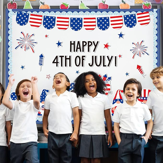 AnyDesign 4th of July Bulletin Board Decoration Red Blue Patriotic Gnome Truck Paper Cutouts with 150 Pcs Glue Points for Happy Independence Day Party Classroom Wall Decor, 72 Pcs