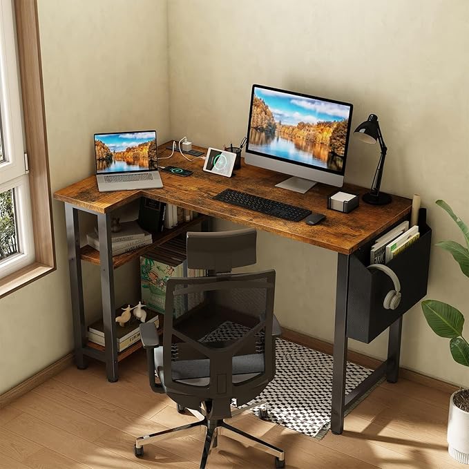 Lufeiya Small L Shaped Desk with Power Outlet Shelves, 40 Inch Reversible Corner Desk for Small Space Home Office, L-Shaped Computer Desk PC Desks with Charging Station, Rustic Brown