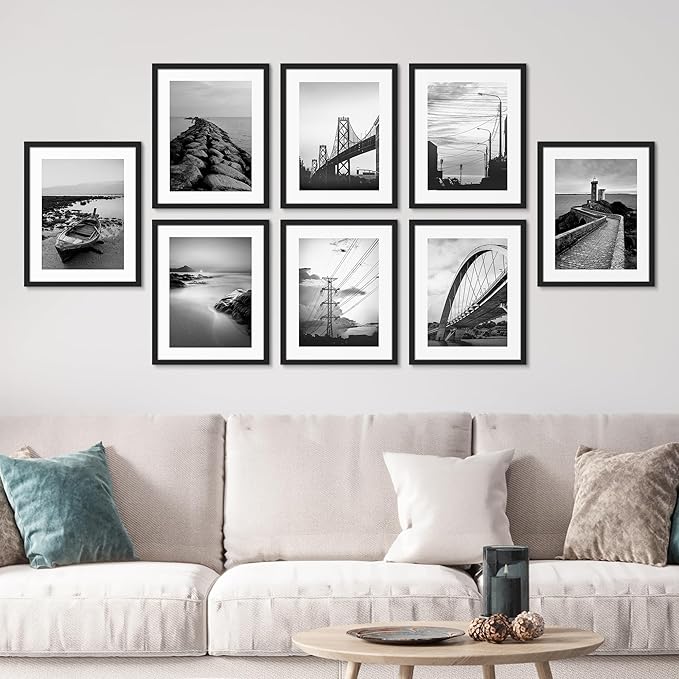 SIGNWIN Framed Poster Wall Art Set of Black & White Ocean Beach Seascape Nature Wilderness for Living Room, Bedroom, Office - 11"x14"x 8 Black