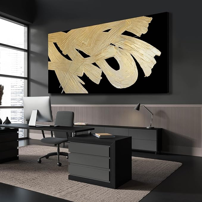 Framed Canvas Prints Gold Abstract Wall Painting on Black Background Graffiti Artwork Black Art for Office Living Room Modern Hanging Decor 24"x 48"