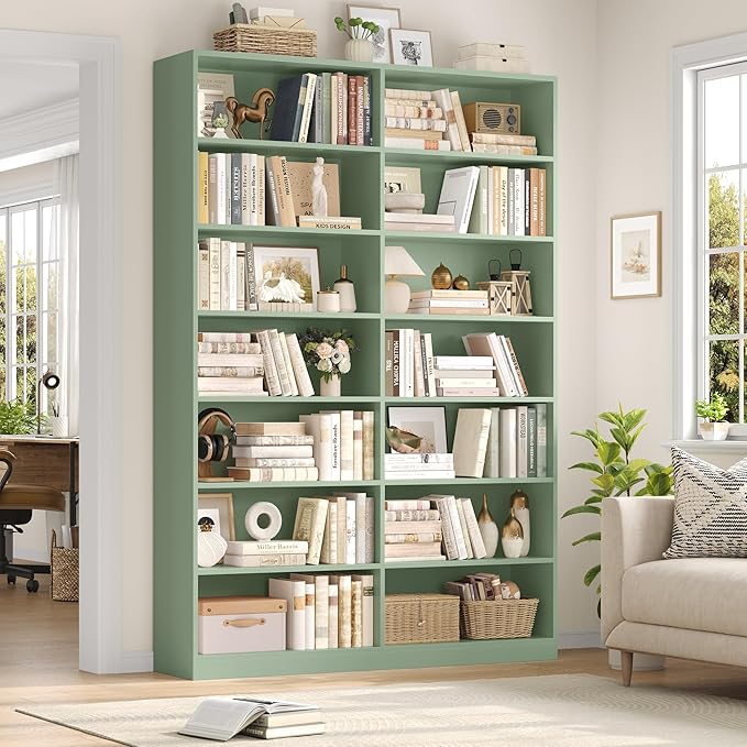 FACBOTALL 83.6" Tall Bookshelf and Bookcase, 7-Tier Extra Large Bookshelf with Double Storage, 14 Open Display Shelves for Home Office, Study and Living Room, Green