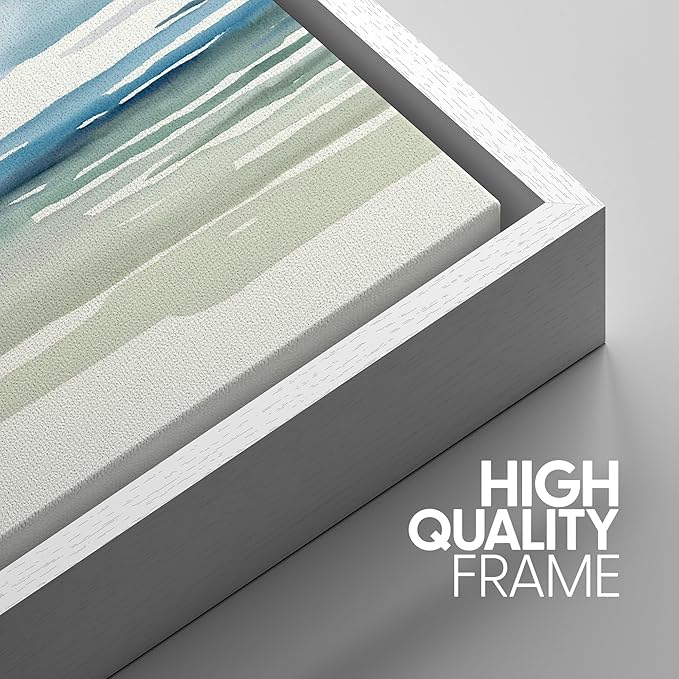SIGNWIN Framed Canvas Print Wall Art Set Coastal Horizon Watercolor Blue and Green Abstract Ocean Scene Illustrations Modern Art Decorative Abstract for Living Room, Bedroom, Office - 16"x24"x3 White
