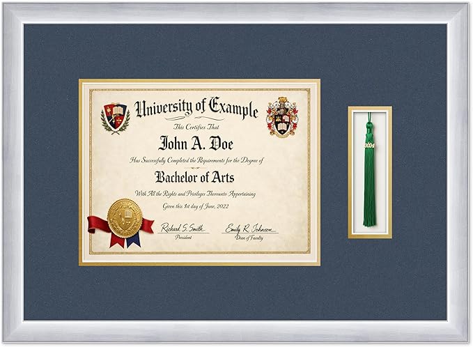 CountryArtHouse Diploma and Tassel Frame Fits 11 x 8.5 US Letter Certificate with Tas Stainless Silver Genuine Hardwood Shadowbox with Navy Blue Over Metallic Gold Double mat
