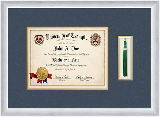CountryArtHouse Diploma and Tassel Frame Fits 11 x 8.5 US Letter Certificate with Tas Stainless Silver Genuine Hardwood Shadowbox with Navy Blue Over Metallic Gold Double mat
