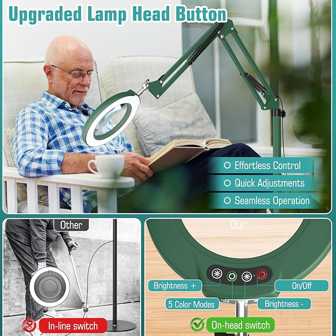 10X Magnifying Glass with Light and Stand, Real Glass Lens (Not Acrylic), 5 Color Modes, Stepless Dimmable, LED 3-in-1 Floor Lamp, Swing Arm with Clamp, Lighted Magnifier Hands Free for Crafts - Green