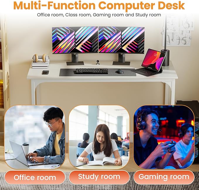 Dkelincs 47 Inch Computer Desk Home Office Desk Gaming Writing Desk Modern Simple Style Study Work Table with Metal Frame, Large Legroom, Adjustable Feet, Water-Resistant, Scratchproof Surface, White