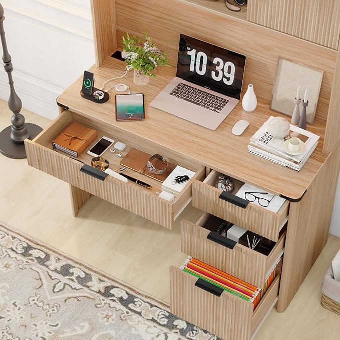 Vabches 67" H Executive Desk with Fluted Drawers,4 Drawers Fluted Computer Desk with LED Light,Charging Hub,Wood Workstation with Hutch and Sliding Barn Doors for Work and Study