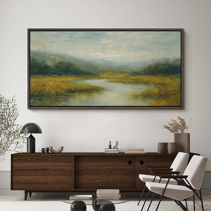 SIGNFORD Extra Large Framed Canvas Misty Meadow River Landscape Illustrations Modern Art Calm Warm for Living Room, Bedroom, Office - 60"x30"