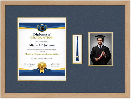 Diploma Tassel and Photo Frame Natural Wood Shadowbox Navy Blue Over Gold Mat - Fits 10 x 13 Degree Picture Made in the USA