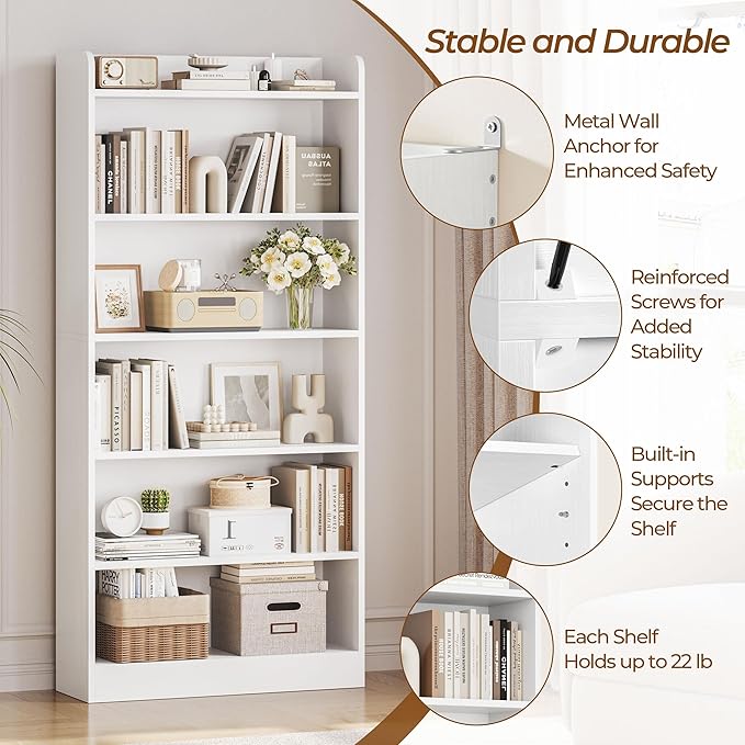 Yaheetech 6-Tier Open Bookcase and Bookshelf, Modern Simple Floor Standing Display Storage Shelves with Top Open Compartment for Home Office, Study, Living Room - White