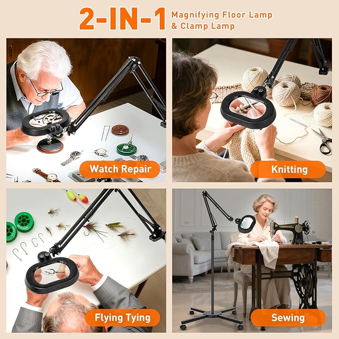 2,200 Lumens, 12X Magnifying Glass with Light and Stand, Floor Lamp with 3-Axis Rotary Head, Mag Lamp for Estheticians Facial Eyelash, Infinite Colors, LED Lighted Magnifier for Craft Painting