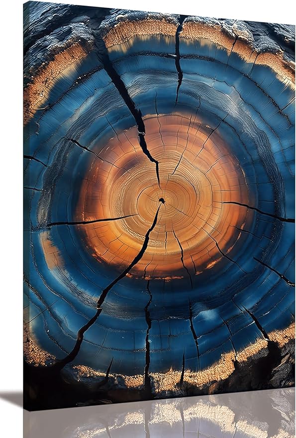 IBHJSART Framed Tree Ring Canvas Wall Art Blue Wall Art Wood Stump Painting Prints Modern Minimalist Pictures Neutral Nature Rustic Farmhouse Decor Living Room Bedroom Bathroom Office