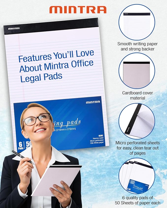 Mintra Office White Legal Pads – Ruled Notepads and Micro-Perforated Sheets, Ideal for Writing, Note-Taking & Creativity, Office, or Professional Use, Basic Pad 6 pack, 8.5"x11" (Narrow Ruled)