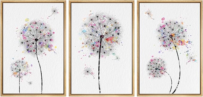SIGNWIN Framed Canvas Print Wall Art Dandelions & Watercolor Dots Floral Wilderness Drawings Modern Art Rustic Multicolor Ultra for Living Room, Bedroom, Office - 24"x36"x3 Natural
