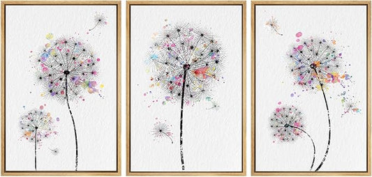 SIGNWIN Framed Canvas Print Wall Art Dandelions & Watercolor Dots Floral Wilderness Drawings Modern Art Rustic Closeup Multicolor Ultra for Living Room, Bedroom, Office - 16"x24"x3 Natural
