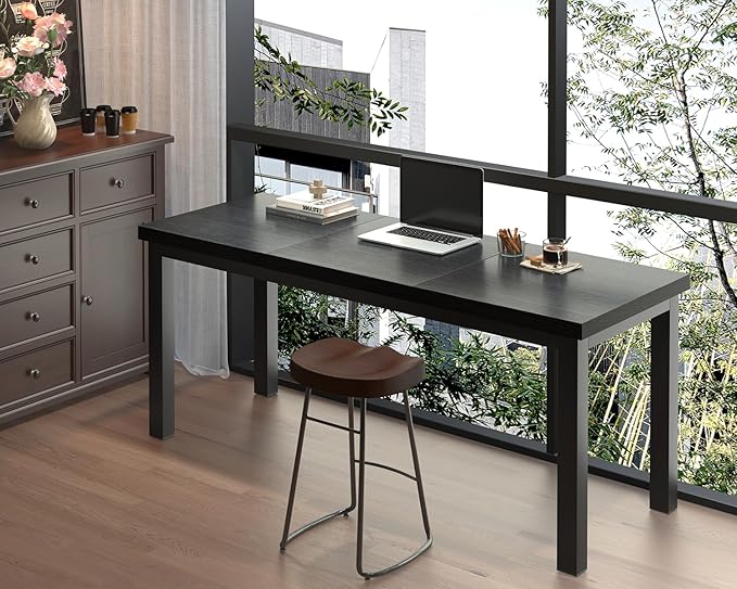 55 Inch Computer Desk, Modern Table with Thick Tabletop, Small Gaming Desk with Adjustable Feet, Study Writing Table for Home Office Work, Black