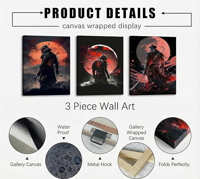 3pcs Japan Samurai Canvas Wall Art Japanese Style Full Moon Ninja Wall Decor Pictures Japanese Bushido Posters Prints Paintings for Living Room Bedroom Home Artwork Decoration Ready To Hang