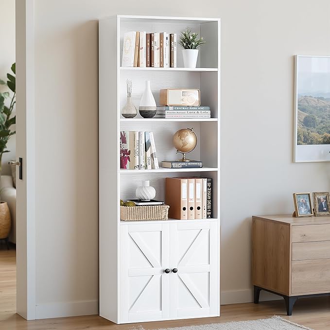 YESHOMY 71.5" Tall Bookshelf and Bookcase, Industrial Bookshelves and Bookcases with Doors, 4-Tier Floor Standing Tall Display Storage Cabinet with Doors for Home Office, Living Room, White, 1 PCS