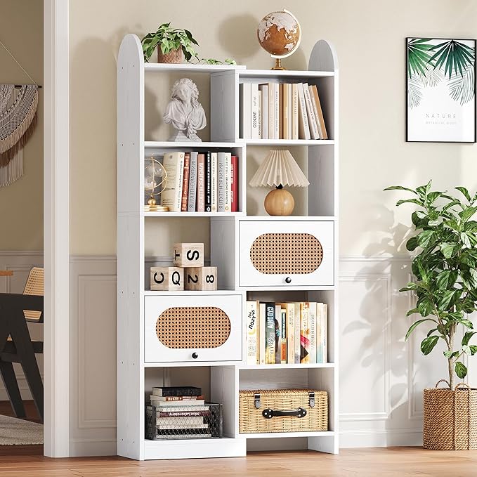 IRONCK Bookshelf and Bookcase with 2 Rattan Design Flip-top Storage Cabinets, 6 Tier 8 Cube Bookcases Storage Shelves Organizer for Living Room, 35.4" White
