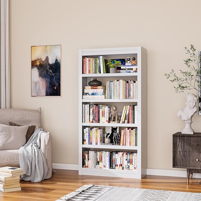 5 Tier White Bookshelf, 61" H Adjustable Bookshelf with Large Capacity, Suitable for Modern Storage Shelves in Living Rooms, Homes Offices, Garage, Sturdy Metal Bookshelf for Organizing