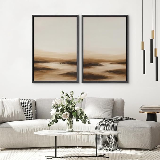 SIGNWIN Framed Canvas Print Wall Art Set Warm Brown Abstract Horizon Neutral Minimalist Landscape Illustrations Modern Art Decorative Multicolor for Living Room, Bedroom, Office - 24"x36"x2 Black