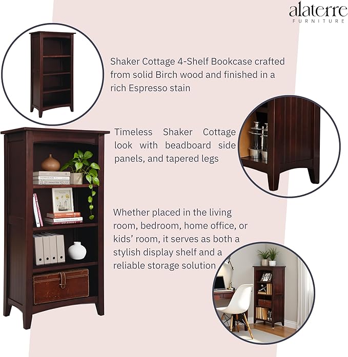 Shaker Cottage 4-Shelf Bookcase – Classic Wood Bookshelf with Beadboard Side Panels, Tapered Legs, and Open Storage for Living Room, Office, or Kids Room by Alaterre Furniture (Espresso Finish)
