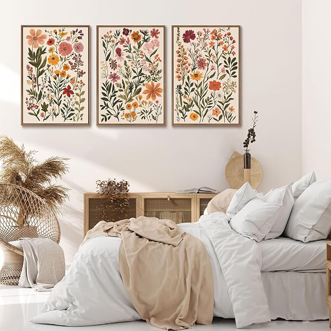 KISSFOX 3 Piece Boho Floral Canvas Wall Art For Bedroom Cottagecore Wild Flower Framed Wall Art Colorful Nature Modern Botanical Art Prints For Nursery Living Room,16x24 in