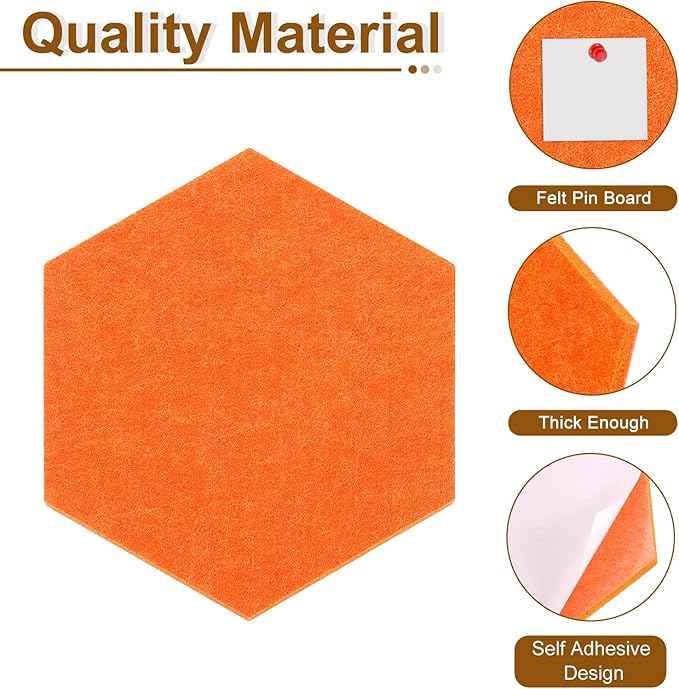 uxcell 6 Pcs Hexagon Felt Pin Board with 40 Pcs Pushpins 8.7" x 7.5" Self Adhesive Felt Bulletin Board Cork Boards for Walls Decorations Paste Notes Photos Schedules, Orange