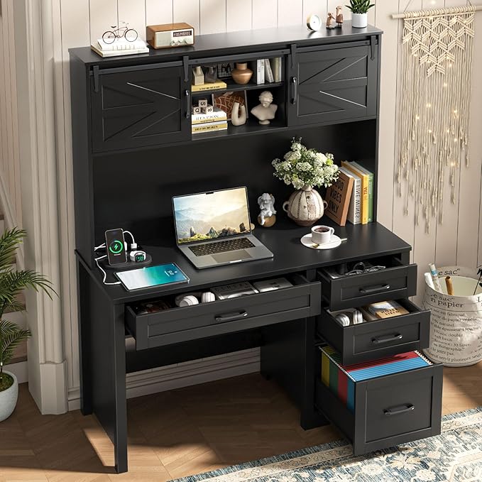Farmhouse 67" H Executive Desk with Hutch,Computer Desk with Charging Station,Office Table with LED Light and 4 Drawers,File Drawers and Storage Cabinet,Workstation for Home Office.Black