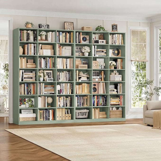 HOSTACK 86" H Triple Wide Bookshelf and Bookcase, 7 Tier Tall Bookshelf with Storage, Large Bookcase with 21 Open Display Storage Shelves, Wood Book Shelf Media CD DVD Storage for Living Room, Green